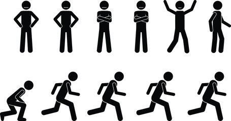 Human silhouette icons in dynamic and static poses, running motion sequence, body language vector illustration for UI, animation, and design © anisur-creatives
