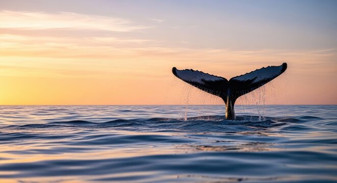 Whale tail in the ocean at sunset. - Powered by Adobe