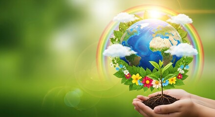 Fototapeta premium Hands holding a small plant with a rainbow and clouds above it, against a green background.