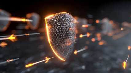 Floating glowing shield blocking cyberattack arrows aiming at decentralized nodes