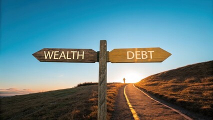financial freedom independence strategy value concept. Signpost showing paths to wealth and debt under a blue sky.