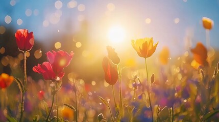 Fototapeta premium Vibrant Wildflowers in Golden Sunlight at Sunset