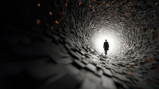 Realistic image of a man walking through a dark tunnel of time, dramatic lighting and deep shadows creating a mysterious, conceptual journey.