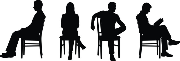 Seated people silhouette vector set showing casual and formal poses, reading, relaxing, and body language for lifestyle and ergonomic themes © Arif Creatives