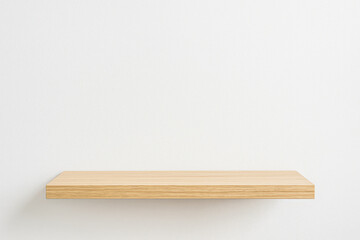 Horizontal Landscape minimalist wooden shelf isolated on clean white background with soft natural lighting, neutral warm tones and modern Scandinavian aesthetic, ideal for product display, mockups