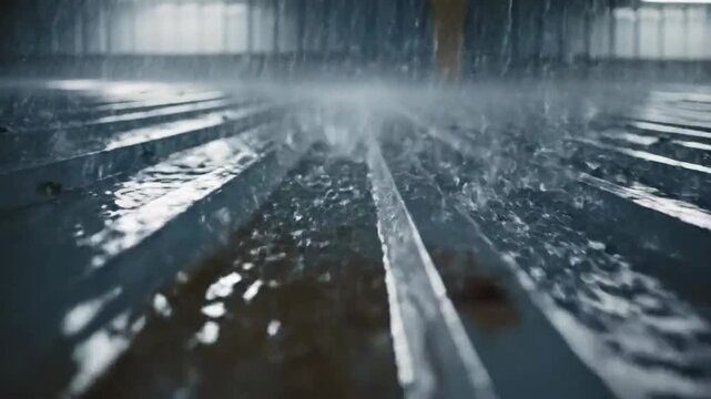 Atmospheric Rain Shower Cascading Down Corrugated Metal Roof, Cinematic Perspective