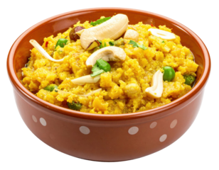 Sweet Semolina Dessert: Sooji Halwa with Cashews, Peas, and Almonds in Brown Bowl