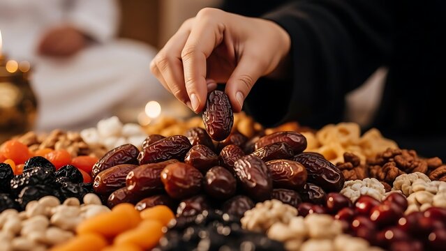 Hand selects a date from a large pile of dried fruits and nuts