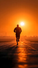 Athlete Silhouette Running Down Wet Road Towards Bright Orange Sunrise. Fitness Training, Morning Workout, Determination Goal.