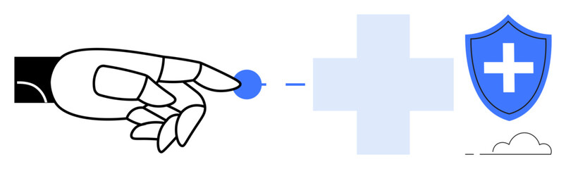 Healthcare innovation, AI applications, cybersecurity, medical technology, trust, patient protection. Robotic hand reaching toward a cross and shield. Healthcare innovation and AI applications