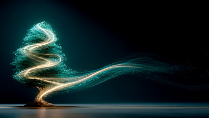 Abstract Green Christmas Tree with Glowing Spiral Lights. Modern Holiday, Festive Decoration.