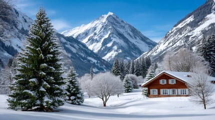 Fototapeta premium Alpine chalet in snow-covered mountain landscape