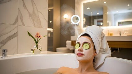 Photorealistic scene of a woman relaxing in a modern luxury bathroom, applying a natural facial mask, cucumber slices resting on her eyes, soft steam rising from a warm towel, spa lighting, neutral 