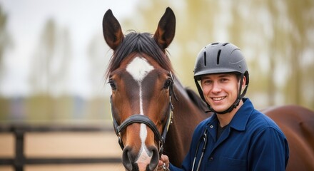 Fototapeta premium A young man and a horse in a stable, wearing helmets, with a brown horse with a white spot on its forehead.