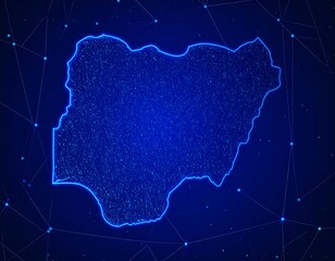 Neon blue outline of a country against a dark, futuristic background
