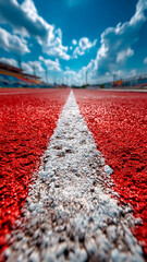 Empty Red Rubber Running Track with White Lanes under Blue Sky. Athletic Field, Sports Competition, Fitness Background.