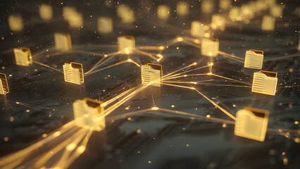 Realistic multi-node file sharing interface showing files transferring across glowing connection paths between digital nodes