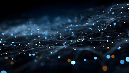 Realistic network of small glowing node dots creating a mesh for file distribution in a dark workspace