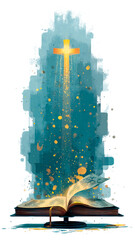Illustration of Open Bible with Golden Cross and Blue Abstract Watercolor. Religious Knowledge, Spiritual Revelation, Artistic Faith.