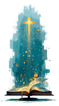 Illustration of Open Bible with Golden Cross and Blue Abstract Watercolor. Religious Knowledge, Spiritual Revelation, Artistic Faith.
