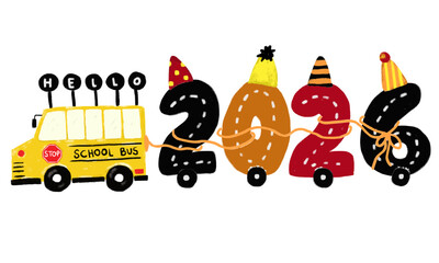 Naklejka premium Cute watercolor crayon school bus doodle kids illustration with happy hello 2026 new year text word typography greeting card icon clipart