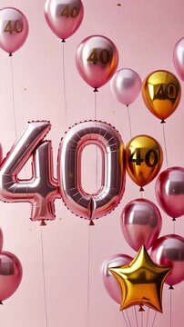 Celebratory 40th birthday balloons and gifts with confetti in festive pink setting