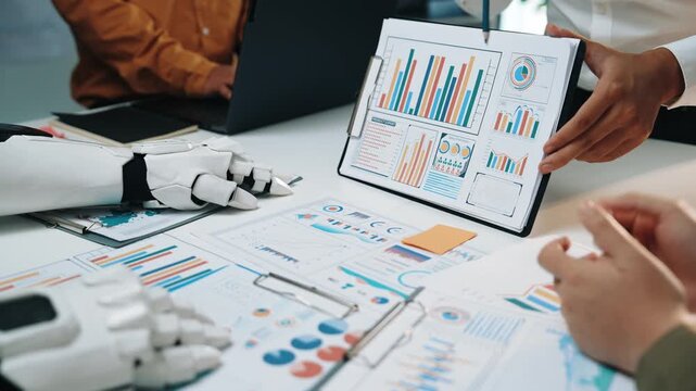 In a well-equipped meeting space, professionals lean on AI support to decipher hidden patterns, adjusting strategic viewpoints and reinforcing a vibrant marketing plan. Noogenesis AI