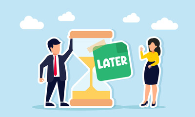 Businessman speaking beside an hourglass with later sticker illustration of enjoying the process and journey of completing a business project