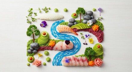 Obraz premium A colorful, artistic arrangement of sushi and vegetables on a white background.