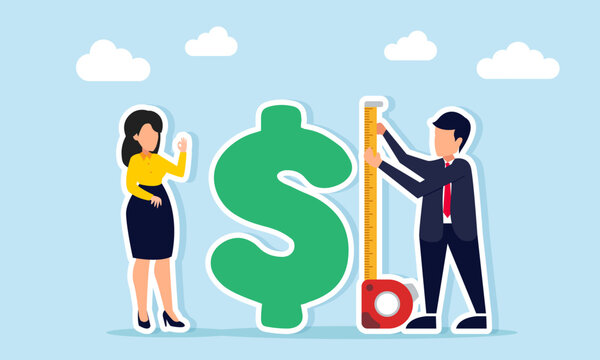 Businessman measuring a dollar symbol with a height measuring tool illustration of calculating investment capital receivables and business profit