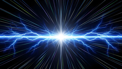 Abstract background of blue electric lightning bolts and light speed lines converging to a bright central starburst in dark space, digital art concept of energy, power, and futuristic technology