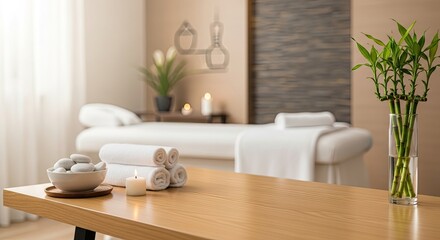 Fototapeta premium A serene spa setting with a wooden table, white towels, and bamboo plants.