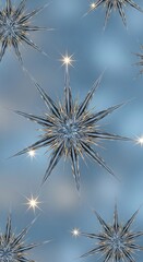 Fototapeta premium A vertical, digital art piece depicting crystalline, star-shaped formations against a blurred, light-blue gradient background. Sparkling highlights