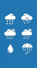 A vertical display showcasing six different white weather icons, including rain, lightning, sun, and an umbrella, against a vibrant blue backdrop