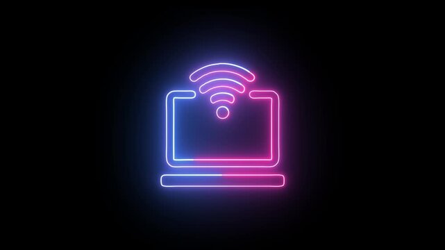 Outline neon laptop icon set. Glowing neon laptop screen frame with wifi sign, internet connection pictogram. Wifi signal and hotspot, wireless internet access, free wifi 4k