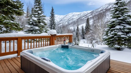 Hot tub on wooden deck viewing snowy mountains