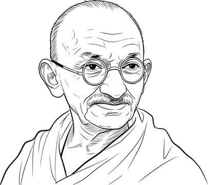 Mahatma Gandhi line drawing, black and white sketch, historical leader portrait, Indian freedom icon, minimalist art, flat vector illustration