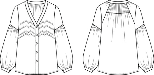 women's lace-trimmed V-neck cardigan blouse with button front, balloon sleeves, and elastic cuffs, vector design