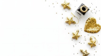Golden christmas decorations on white background with glitter