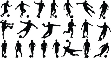 Set of silhouettes of soccer players in various poses including kicking running and goalkeeper diving isolated on white background for sports design vector illustration
