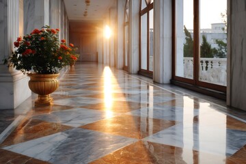 Naklejka premium Luxury hallway with sun reflection on marble floor