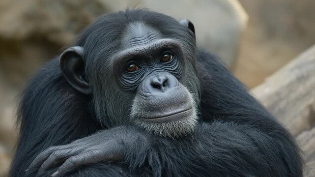 Close-up Portrait of a Chimpanzee Resting with its Chin on its Hand primate animal