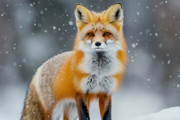 Obraz premium Red fox standing in snow during winter snowfall