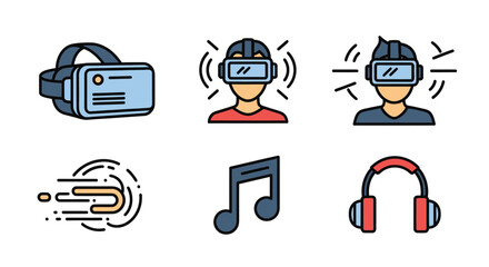A colorful filled outline icon set representing virtual reality audio technology and immersive entertainment.