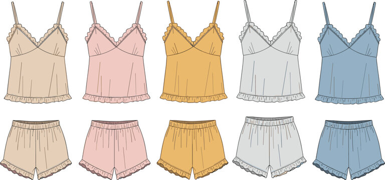 Set of colorful vector illustrations of women's sleepwear pajamas with camisole tops and shorts isolated on white background for design