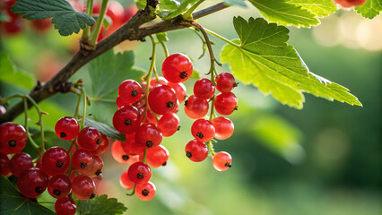 Obraz premium Closeup of vibrant red currants growing on a branch with green leaves, bathed in soft, natural sunlight in a garden setting