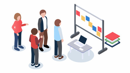 Isometric view of a team brainstorming with sticky notes on a whiteboard near a laptop and document stack