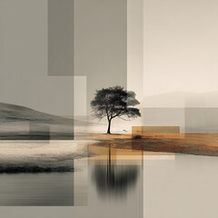 Textured abstract minimalist japandi image of a landscape with a tree and a pond, neutral earth tones of beige, brown and grey, a single color background and a dynamic composition