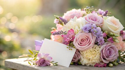 Beautiful wedding bouquet of pink, purple, and white roses and flowers with a blank card resting on a wooden surface outdoors in soft sunlight