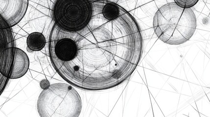 Abstract geometric interplay dynamic composition of intersecting circles and flowing lines artistically rendered.